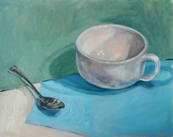 Original oil painting, 'Tea for One' by British artist Sheri Gee, still life painting, china cup and teaspoon