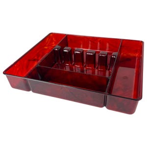 May include: A rectangular red translucent plastic cutlery organizer tray featuring a marbled pattern. The tray is divided into five distinct compartments, including a central section with five small vertical dividers for organizing silverware.