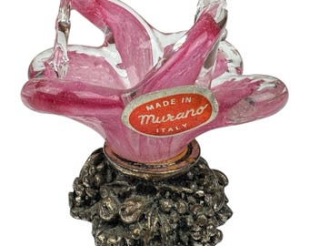 Murano Glass MCM Mini Pink Flower with Metal Base Italy Mid Century Decor