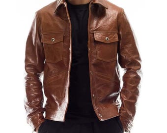 Men genuine lambskin leather jacket brown antiqued