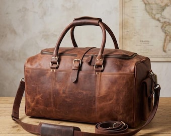 Full Grain Leather Duffle Bag, Laser Engraved Weekender Travel Holdall, Retro Men's Luggage
