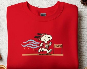 Dog Marathon Runner Christmas Sweatshirt, Beagle Finish Line Crewneck, Xmas Gift for Runners, Vintage Cartoon Pullover