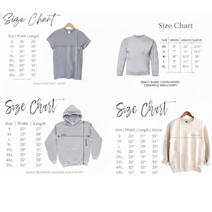 May include: Image featuring size charts for various apparel items, including a heavy cotton t-shirt, a heavy blend youth unisex crewneck sweatshirt, a heavy blended hooded sweatshirt, and a crewneck sweatshirt. The charts display measurements in inches for width, length, and sleeve.