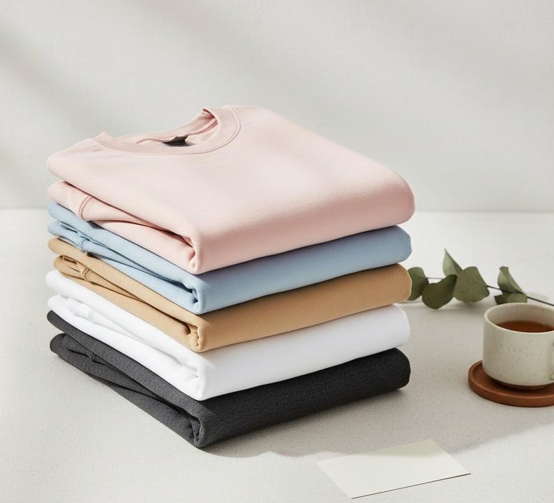 May include: A stack of six folded crew neck sweatshirts in various colors: light pink, light blue, tan, white, and dark gray. A cup of tea and a small card are on the table.