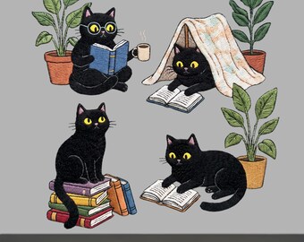 Black Cat Reading PNG SVG | Book Lover Cat Sublimation Design | Cozy Reader Cricut File | Bookish Digital Download png