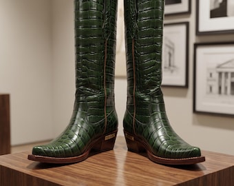 Turquoise Crocodile Embossed Leather Cowboy Ankle Boots With