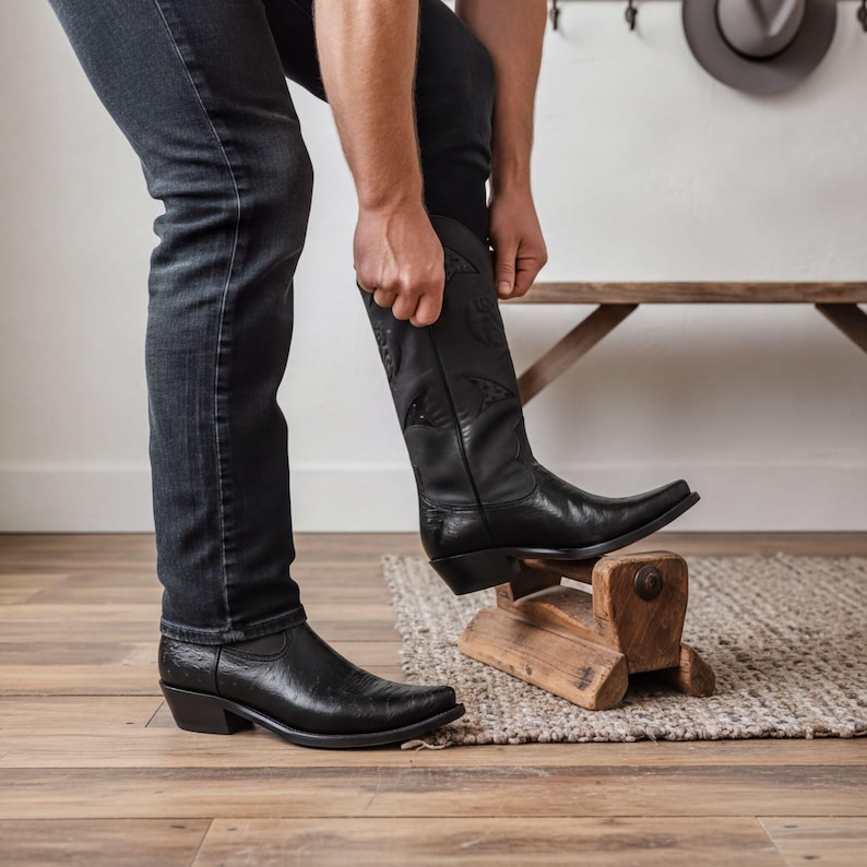 A person is standing on a wooden block, adjusting their black cowboy boots.