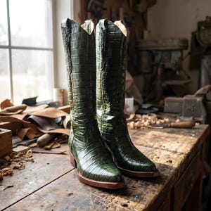 Personalisierte handgefertigte Cowboy-Stiefel aus grünem Python-Leder • Benutzerdefinierte Namensplatte