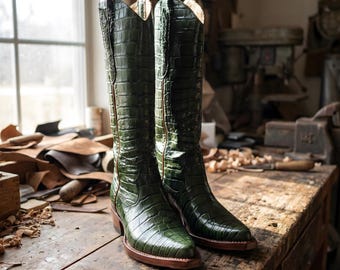 Botas vaqueras de piel de pitón verde personalizadas y hechas a mano • Placa de identificación personalizada