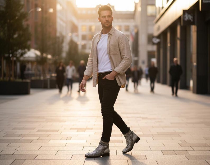 Puede incluir: Un hombre con una camisa beige sobre una camiseta blanca, pantalones negros y botines estampados camina por una calle de la ciudad. El fondo muestra peatones y edificios borrosos, con luz solar.
