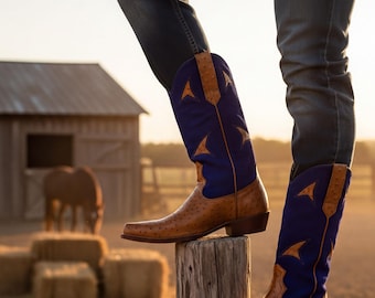 Cowboy-Stiefel aus Straußenleder – Maßanfertigung aus blauem Wildleder, handgefertigt