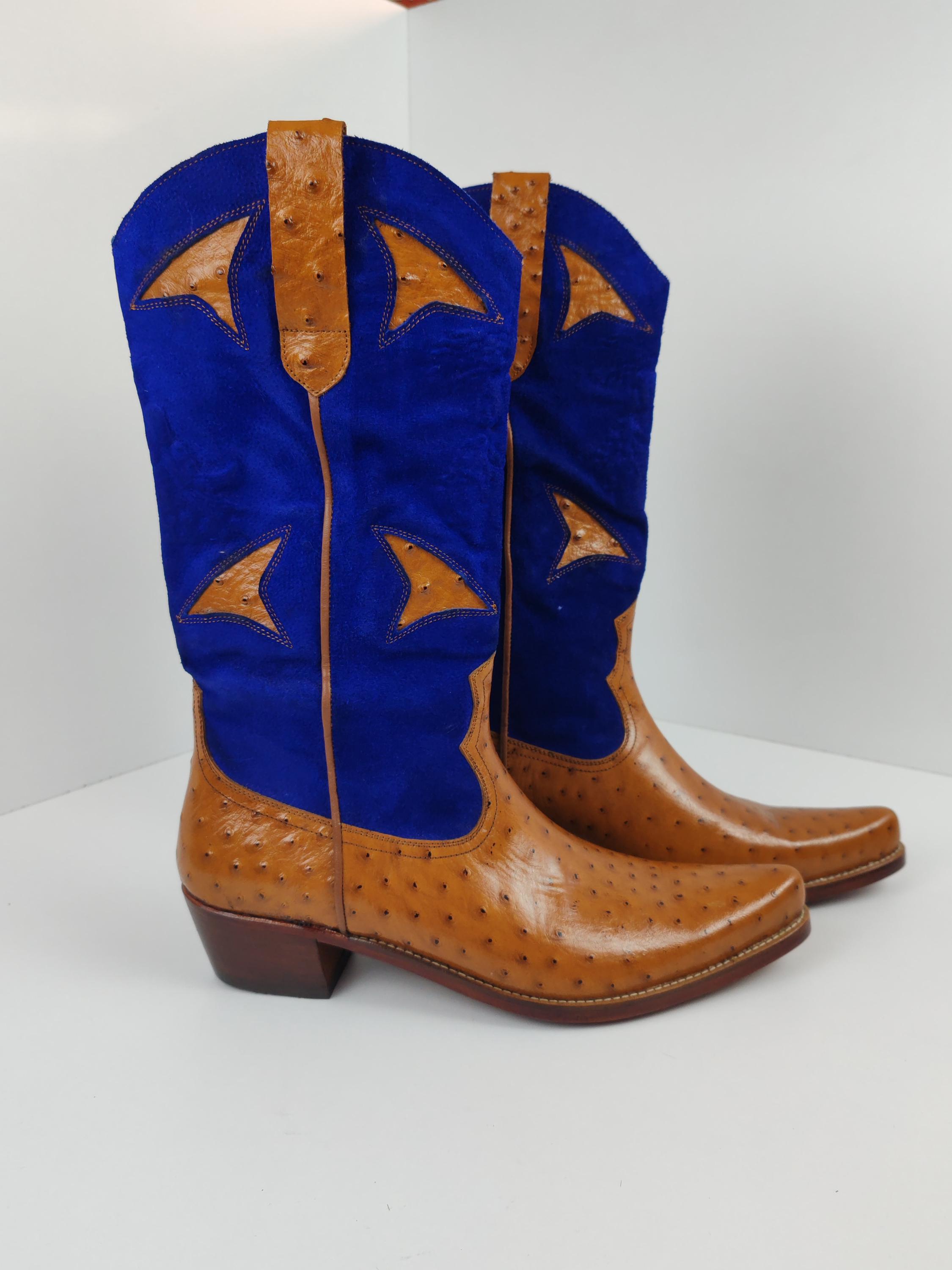 Handmade Men’s Ostrich Leather Cowboy Boots 32cm Tall, Custom Name Western Boots with Blue Suede, Double Sole Stitch Gift Idea