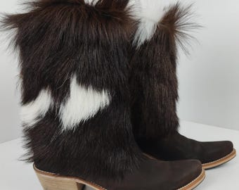 Handmade Fur Cowboy Boots with Double Leather Sole and Custom Name Plate, Goat Leather Western Boots, Personalized Cowgirl Gift Idea