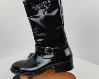 Handmade Unisex Glossy Leather Biker Boots – Personalized Name Option with Genuine Leather Upper Lining Sole, Custom Motorcycle Gift Idea