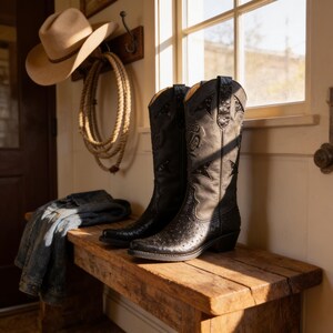 A pair of black cowboy boots sits on a wooden bench, with a denim jacket and a rope hanging on the wall behind them.