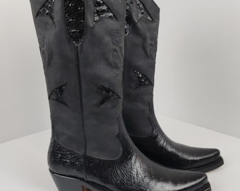 Handmade Men’s Ostrich Leather Cowboy Boots 32cm Tall, Custom Name Western Boots with Black Suede, Double Sole Stitch Gift Idea