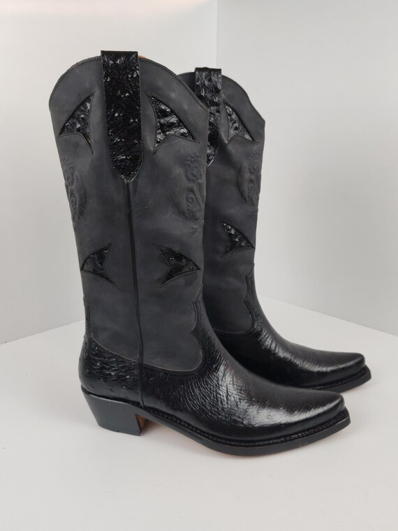 Black Ostrich Leather Cowboy Boots | Personalized Exotic Western Wear | Custom Engraved Bespoke Footwear for Men