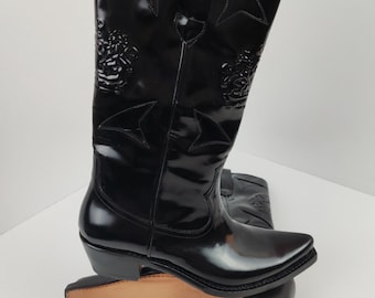 Schwarze Lack-Cowboystiefel, handgefertigte, personalisierte Westernstiefel aus glänzendem Leder