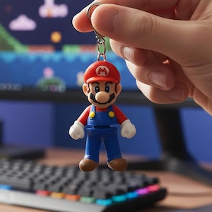 Puede incluir: Llavero con una peque&ntilde;a y colorida figura de Mario. La figura lleva un gorro rojo, un peto azul y un bigote marr&oacute;n. El llavero se sostiene frente a una configuraci&oacute;n de ordenador con teclado, rat&oacute;n y monitor que muestra un videojuego.