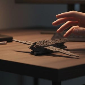 K&ouml;nnte beinhalten: Ein dunkelgraues, geometrisches Modellflugzeug liegt auf einem Holzschreibtisch. Das Modell hat komplizierte Muster und befindet sich in der N&auml;he eines Notizbuchs und eines Stifts. Ein Computermonitor zeigt im Hintergrund ein blaues abstraktes Bild.