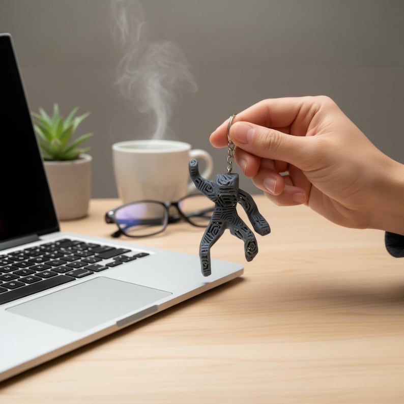 Puede incluir: Un llavero gris con forma de figura humana estilizada con un dise&ntilde;o estampado. El llavero se sostiene frente a una computadora port&aacute;til sobre un escritorio de madera. Tambi&eacute;n se ven una taza de caf&eacute; y una planta peque&ntilde;a.