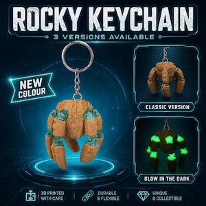 May include: A Rocky keychain featuring a brown and teal articulated creature attached to a metal ring. The image displays three versions: a new color, a classic brown version, and a glow-in-the-dark version with bright green accents.