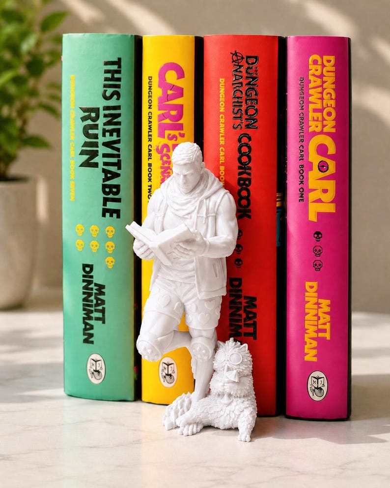 Dungeon Crawler Carl Book Insert, 3D Printed Bookshelf Decor, Carl & Princess Donut Figure, LitRPG Book Lover Gift White
