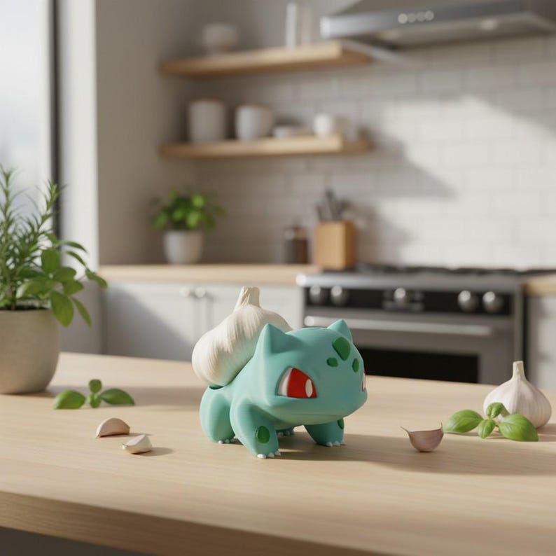 Cute Garlic Creature Figurine, 3D Printed Kitchen Shelf Decor, Funny Garlic Holder, Fantasy Foodie Gift, Nerdy Home Decor image 3