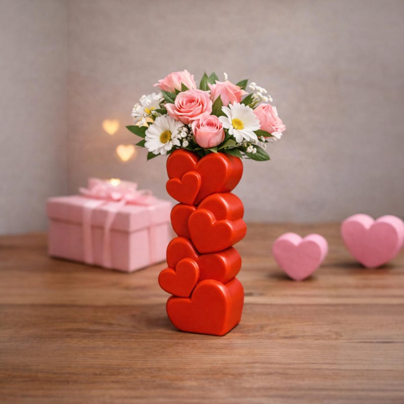 Heart Stack Valentine Vase – 3D-Printed Red Modern Bud Vase (14.5 cm) • Cute Romantic Gift • Desk/Home Decor bild 2