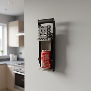 May include: A black and gray wall-mounted can crusher with a cartoon character design. The crusher holds a red soda can. The design features a handle and a crushing mechanism with a detailed, angry face. The can crusher is mounted on a light gray wall.