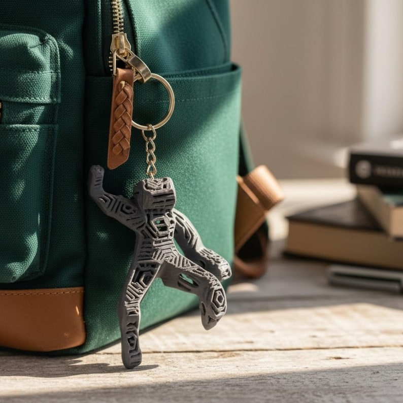 Puede incluir: Un llavero gris con forma de figura geom&eacute;trica cuelga de un llavero dorado y una correa de cuero marr&oacute;n. El llavero est&aacute; sujeto a una mochila verde con detalles de cuero marr&oacute;n. Se ven libros en el fondo.