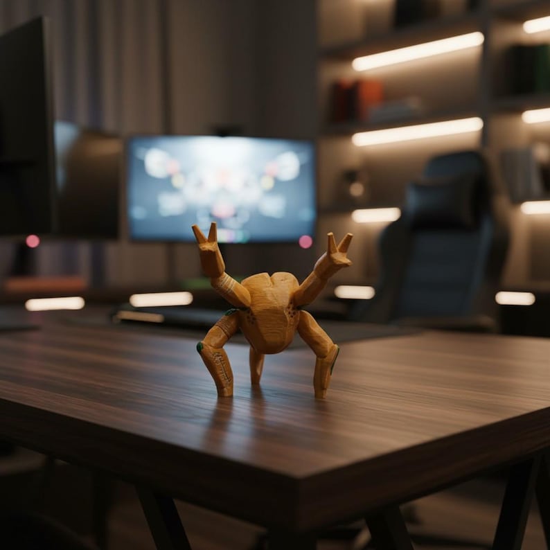 May include: A wooden figurine of a creature with its arms raised in a peace sign. The figurine is light brown and stands on four legs. The background includes a desk, computer monitors, and a chair.