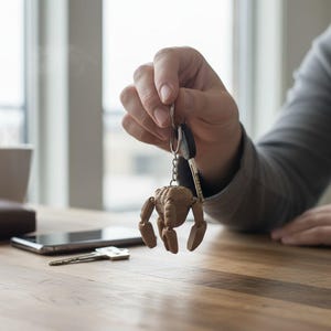 May include: A key chain with a brown, articulated figure attached to a set of keys. The figure is held in a hand, with a smartphone, wallet, and coffee cup on a wooden table in the background.
