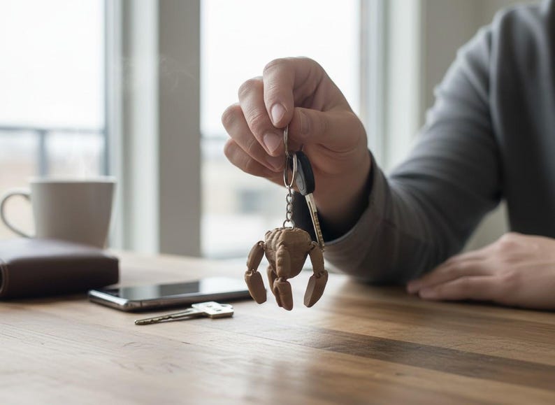 May include: A key chain with a brown, articulated figure attached to a set of keys. The figure is held in a hand, with a smartphone, wallet, and coffee cup on a wooden table in the background.