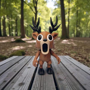 May include: A brown deer figurine with black antlers, large white eyes, and an open mouth. The deer is standing on a wooden surface with a forest background. The figurine has small arms and black feet.