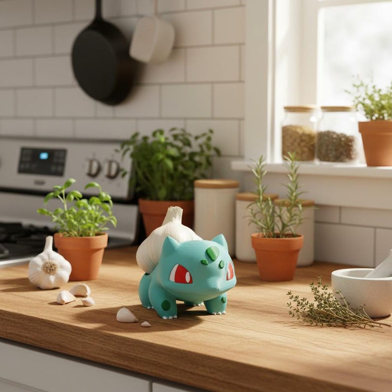 May include: A teal garlic press shaped like a Bulbasaur character, holding a bulb of garlic. The kitchen scene includes potted herbs, a mortar and pestle, and a wooden countertop. The character has red eyes and a green bulb on its back.