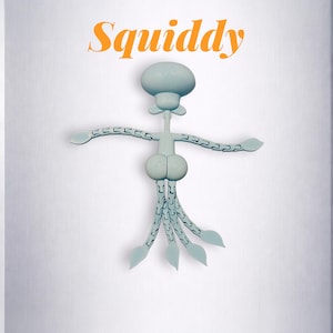 Puede incluir: Una figura azul claro de Calamardo Tent&aacute;culos con los brazos extendidos y piernas en forma de tent&aacute;culos. La palabra "Squiddy" est&aacute; escrita en naranja encima de la figura, sobre un fondo blanco.