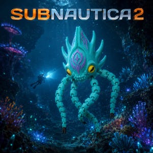 May include: An underwater scene featuring the text "SUBNAUTICA 2" above a teal, tentacled creature with yellow eyes and purple accents. A diver with a light is visible in the background, surrounded by coral and aquatic plants.