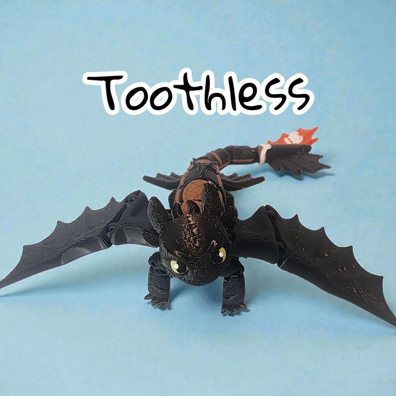 May include: A black dragon figurine with outstretched wings, featuring the text "Toothless" in a white outlined font. The dragon has green eyes and a red and white tail fin, set against a light blue background.