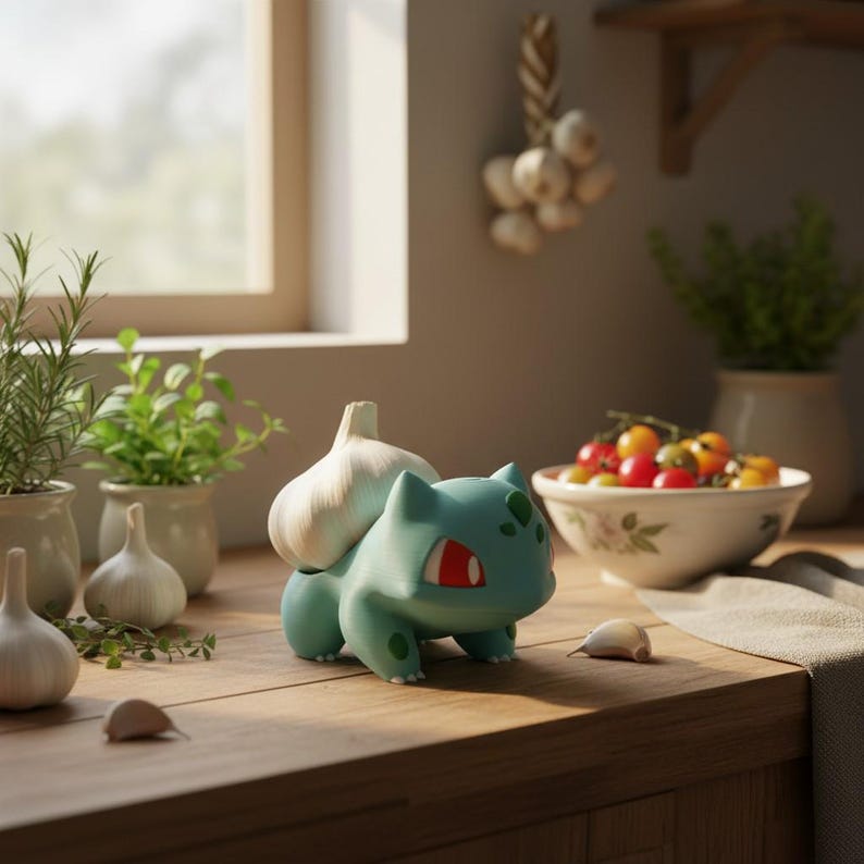 May include: A teal Bulbasaur-shaped garlic keeper with a garlic bulb on its back. The kitchen scene includes a bowl of tomatoes, garlic cloves, and potted herbs on a wooden countertop. A window and hanging garlic bulbs are in the background.