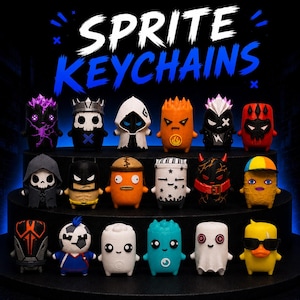 May include: A collection of seventeen small, stylised character figurines arranged on a tiered display. The text "SPRITE KEYCHAINS" appears in white and blue at the top. The figures feature diverse designs, including skulls, ghosts, animals, and superheroes.