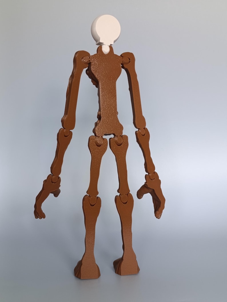 May include: A brown articulated skeleton figure with a white head. The figure is made of multiple pieces that are connected at the joints. The figure is standing upright against a light blue background.