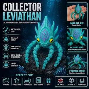 May include: A teal and purple 3D-printed articulated figure inspired by Subnautica 2, featuring articulated legs and a detailed head with bright yellow eyes. The figure is designed for shelf or desk decor and is a unique gift idea.
