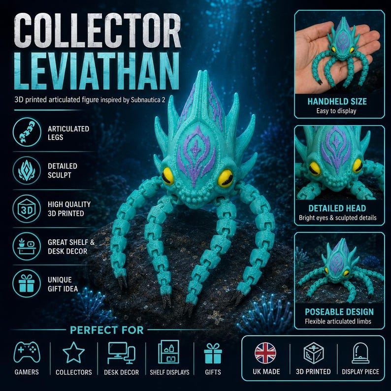 May include: A teal and purple 3D-printed articulated figure inspired by Subnautica 2, featuring articulated legs and a detailed head with bright yellow eyes. The figure is designed for shelf or desk decor and is a unique gift idea.