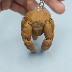 May include: A tan crab-shaped keychain with articulated claws and legs. The crab is made of a textured material and is attached to a silver-colored chain. The keychain is a novelty item.