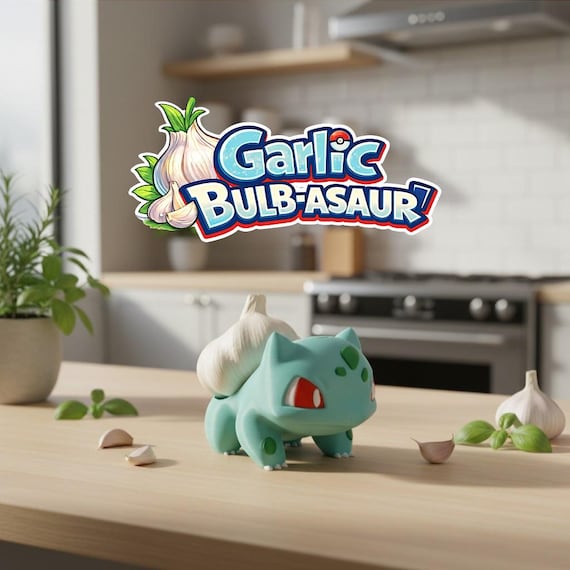 Garlic Bulbasaur Figure, 3D Printed Pokemon Style Kitchen Decor, Funny Garlic Holder, Cute Gamer Gift, Nerd Shelf Display