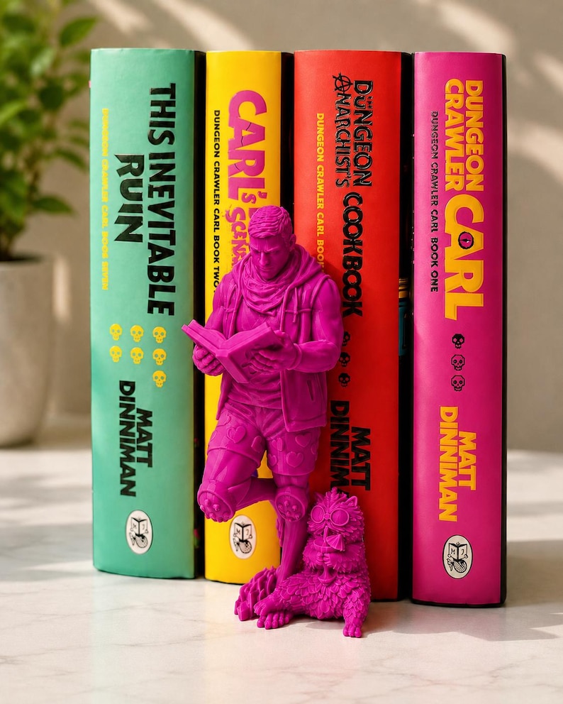 Dungeon Crawler Carl Book Insert, 3D Printed Bookshelf Decor, Carl & Princess Donut Figure, LitRPG Book Lover Gift Magenta