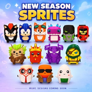 May include: A collection of twelve small, colourful, 3D-printed character figurines arranged in three rows. The text at the top reads NEW SEASON SPRITES and at the bottom reads MORE DESIGNS COMING SOON. The figures feature various designs including animals, robots, and fantasy creatures in vibrant colours.