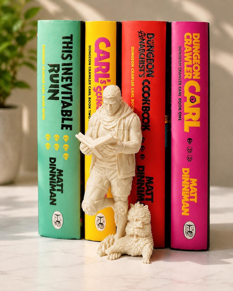Dungeon Crawler Carl Book Insert, 3D Printed Bookshelf Decor, Carl & Princess Donut Figure, LitRPG Book Lover Gift Bone White