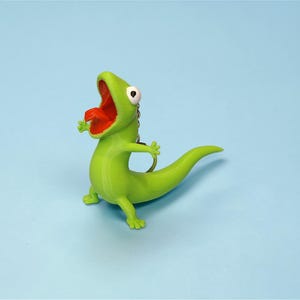 May include: A green lizard keychain with a wide open red mouth and a long tail. The lizard has white eyes and small arms and legs. The keychain is made of plastic and has a silver metal ring.